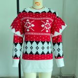 Christmas Women's Christmas Jacquard Loose Round Neck Petal Sleeve Ladies Sweater