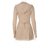 Autumn And Winter Solid Color Zipper Hooded Cardigan Ruffled Skirt Women Three Piece Set