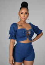 Sexy einfarbiges, sexy Denim-Schnür-Zweiteiler-Shorts-Set