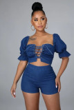 Sexy Solid Color Sexy Denim Lace-Up Two Piece Shorts Set