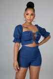 Sexy Solid Color Sexy Denim Lace-Up Two Piece Shorts Set