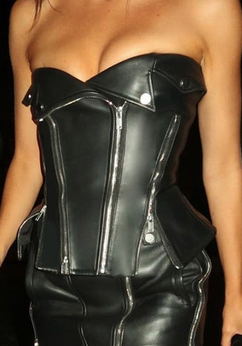 Stylish Zip Strapless Leather Top Women Street Sexy Slim Fit Top