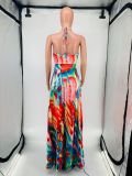 Fashion Sexy Print Halter Lace-Up One Piece Maxi Dress