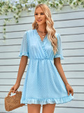 Spring/Summer Women'S Casual V-Neck Solid Color Short Sleeve Fur Dress