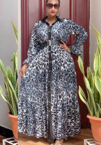 アフリカ プラス サイズ ファッション ヒョウ柄シングル ブレスト ベルト付きルーズ スイング マキシ ドレス