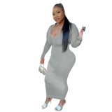 Women Sexy Solid Color Zip Long Sleeve Bodycon Dress