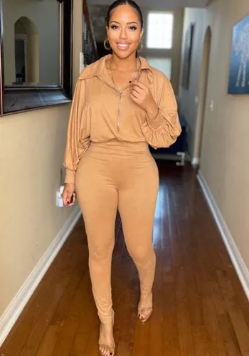 Women Sexy Solid Color Lapel Long Sleeve Zipper Jumpsuit