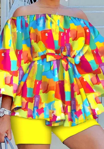 Plus Size Women Sexy Print Off Shoulder Long Sleeve Top and Shorts Two Piece