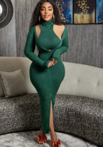 Women Ribbed Solid Long Sleeve Crop Top and Dress Two Piece
