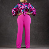 Plus Size Casual Women Printed Long Sleeve Shirt And Wide Leg Pants Two Piece