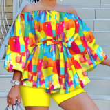 Plus Size Women Sexy Print Off Shoulder Long Sleeve Top and Shorts Two Piece