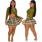 Women Casual rib Long Sleeve Top and Plaid Pleated Skirt Two Piece