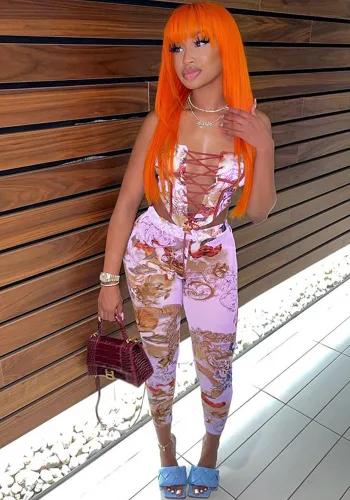 Women Sexy Bandage Print Top and Pant Two Piece