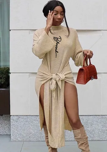 Women Solid Ribbed Solid Lace-Up Dress