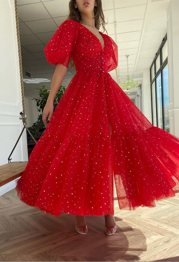 Sparkling Robe Wholesale Women v-neck lantern sleeve sparkling mesh dress | Global Lover