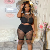 Women Sexy Patchwork Mesh See-Through Top and Shorts Two-Piece Set