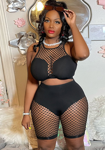Women Sexy Patchwork Mesh See-Through Top and Shorts Two-Piece Set