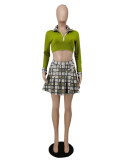 Women Casual rib Long Sleeve Top and Plaid Pleated Skirt Two Piece