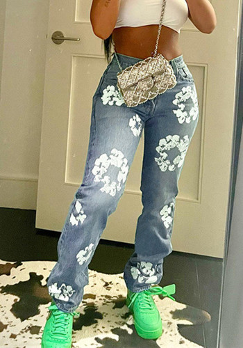 Calça jeans feminina cintura alta com estampa de margarida e perna reta