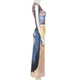 Women Mesh Print Round Neck Long Sleeve Bodycon Maxi Dress Two Piece