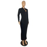Women Sexy Solid Color Zip Long Sleeve Bodycon Dress