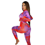 Women Dollar Print Sexy Long Sleeve Top and Pant Two Piece