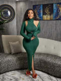 Women Ribbed Solid Long Sleeve Crop Top and Dress Two Piece