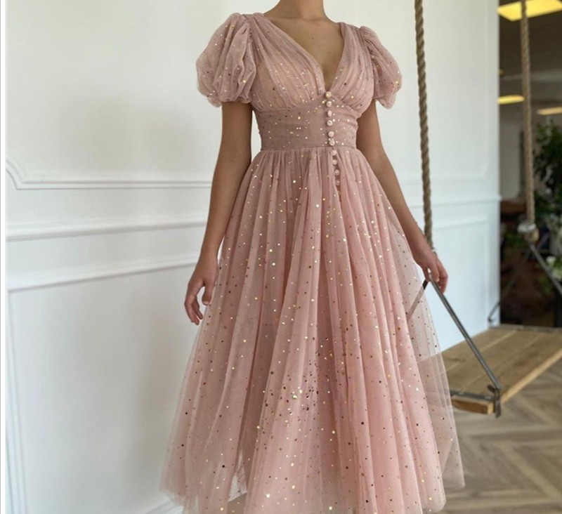 V Neck Lantern Sleeve Hollow Dress