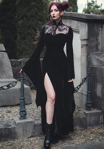 Sexy fente jupe dentelle creux Patchwork longue cloche bas manches Halloween sorcière cos robe