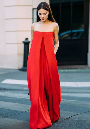 Solid Strapless Loose Swing Wide Leg Jumpsuit