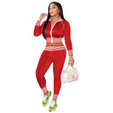 Womens Fashion Casual Open Waist Ribbed Stand Collar Sports Two Piece Pants Set