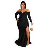 Autumn And Winter Plus Size Women'S Sexy Dress V Neck Solid Color Split Long Nightclub Dress