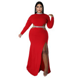 Fall Women'S Fashion Sexy Open Waist Slit Long Sleeve Maxi Dress