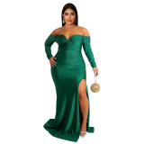 Autumn And Winter Plus Size Women'S Sexy Dress V Neck Solid Color Split Long Nightclub Dress