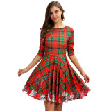 Autumn Digital Print Christmas Half-Sleeve Party Dress Women Slim Round Neck High Waist A-Line Dress