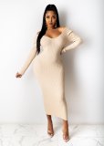 Fall/Winter V-Neck Off Shoulder Ribbed Sexy Plus Size Dress