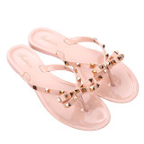 Women Rivet Shoes Bow Flip-Flops Summer Outwear Beach Flat Bottom Transparent Slippers