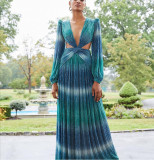Fall Long Sleeve Low Back Sexy Gradient Maxi Dress