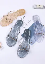 Women Rivet Shoes Bow Flip-Flops Summer Outwear Beach Flat Bottom Transparent Slippers
