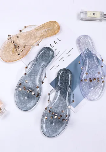 Women Rivet Shoes Bow Flip-Flops Summer Outwear Beach Flat Bottom Transparent Slippers