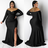 Autumn And Winter Plus Size Women'S Sexy Dress Nightclub V-Neck Solid Color Split Long Dress