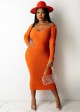 Fall/Winter V-Neck Off Shoulder Ribbed Sexy Plus Size Dress