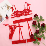 Red Valentine Embroidered Lace Sexy Three-Piece Bikini Lingerie Set