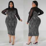 Sexy See-Through Patchwork Nigh Club V-Neck Long Sleeve Women'S Plus Size Dress