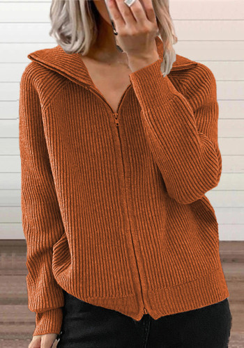 Fall Winter Striped Casual Coat Loose Knitting Shirt Zipper Cardigan Long Sleeve Turndown Collar Sweater Women