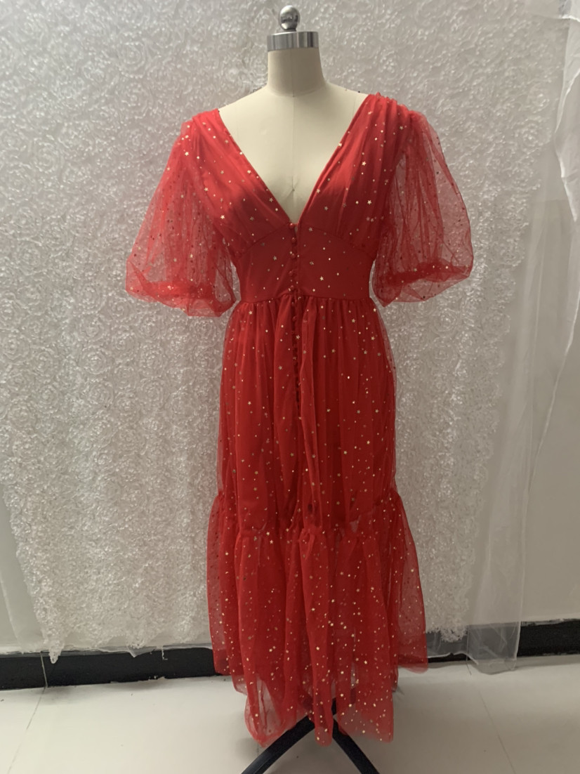 V-neck Lantern Sleeve Grid Semi-sheer Dress