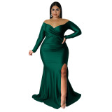 Autumn And Winter Plus Size Women'S Sexy Dress Nightclub V-Neck Solid Color Split Long Dress