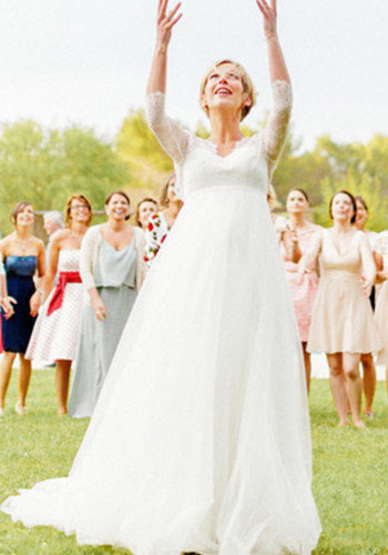 Damen Spitze Chiffon langärmliges Umstandskleid mit flatterndem Schwanz langes Partykleid Hochzeitskleid