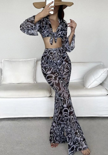Leopard Prin Bikini Uzun Kollu Plaj Cover Up Gömlek Ve Pantolon Dört Parça Kadın Mayo