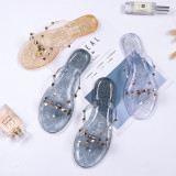 Women Rivet Shoes Bow Flip-Flops Summer Outwear Beach Flat Bottom Transparent Slippers